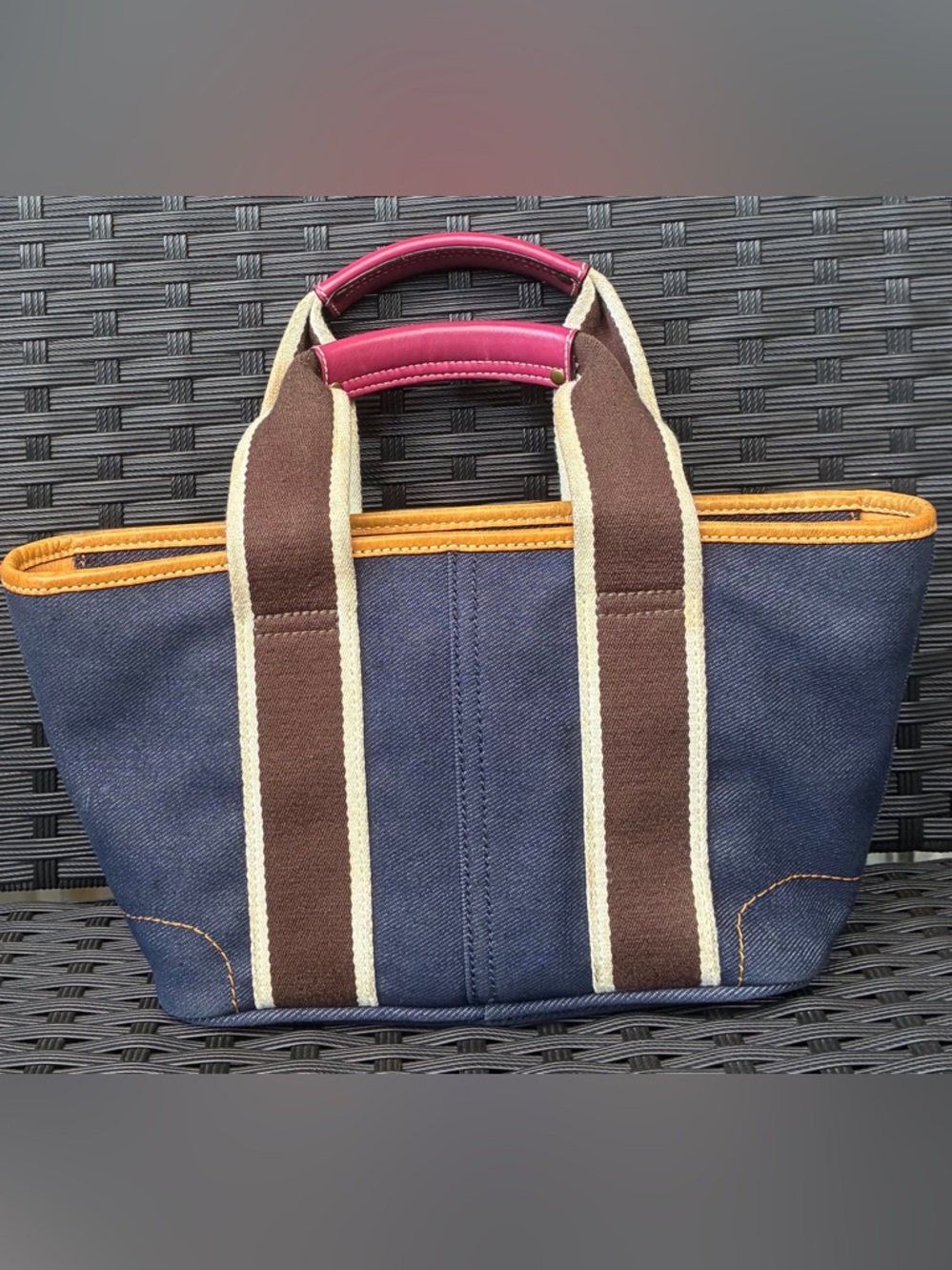 Coach Navy Denim Tote with Brown Straps and Pink Trim - Picture 8 of 16